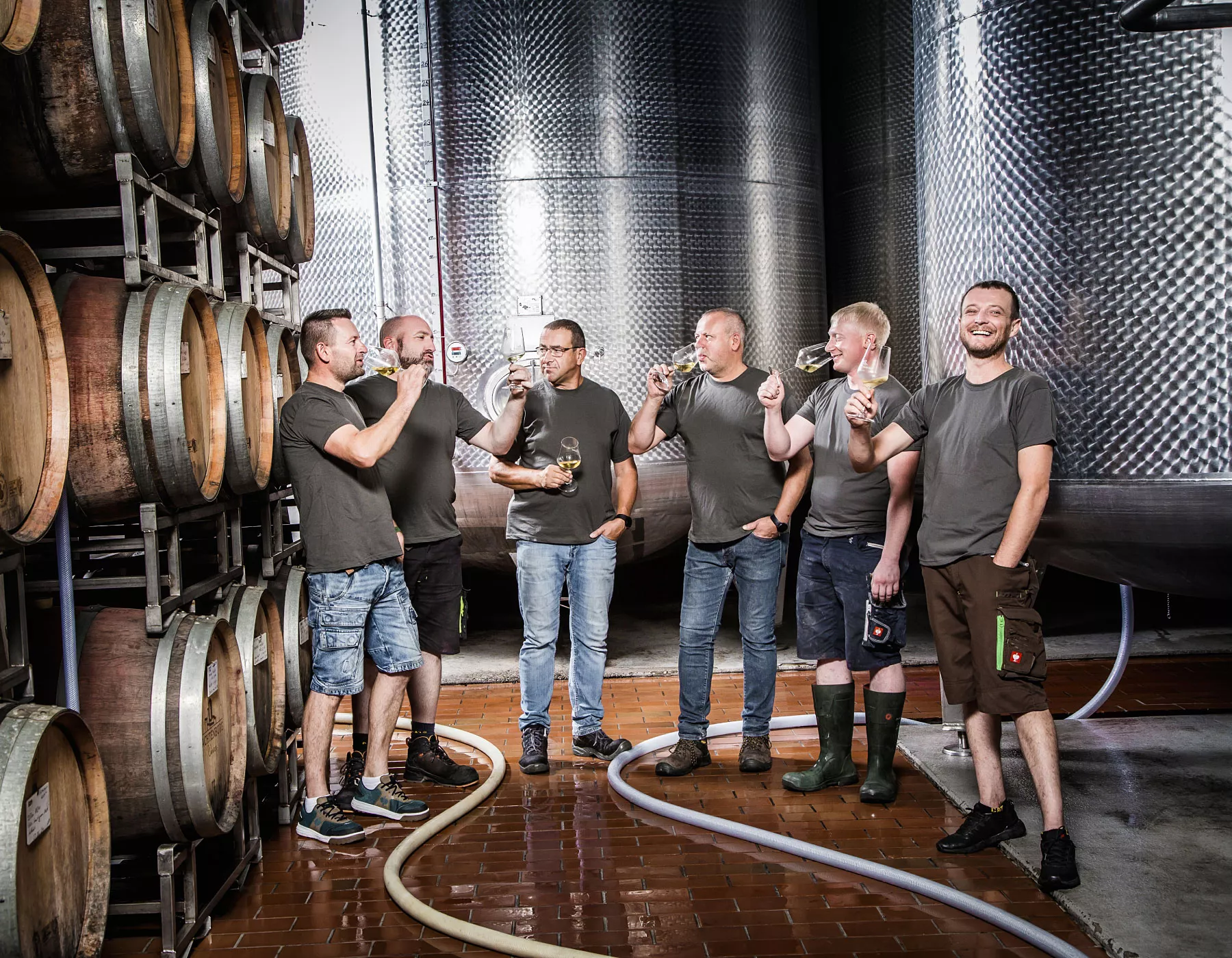 Sechs Männer in Freizeitkleidung stehen in einer Weinkellerei und verkosten Wein aus Gläsern. Im Hintergrund sind große Gärtanks aus Metall und Holzfässer zu sehen. Die Gruppe scheint sich zu amüsieren und zu lächeln.